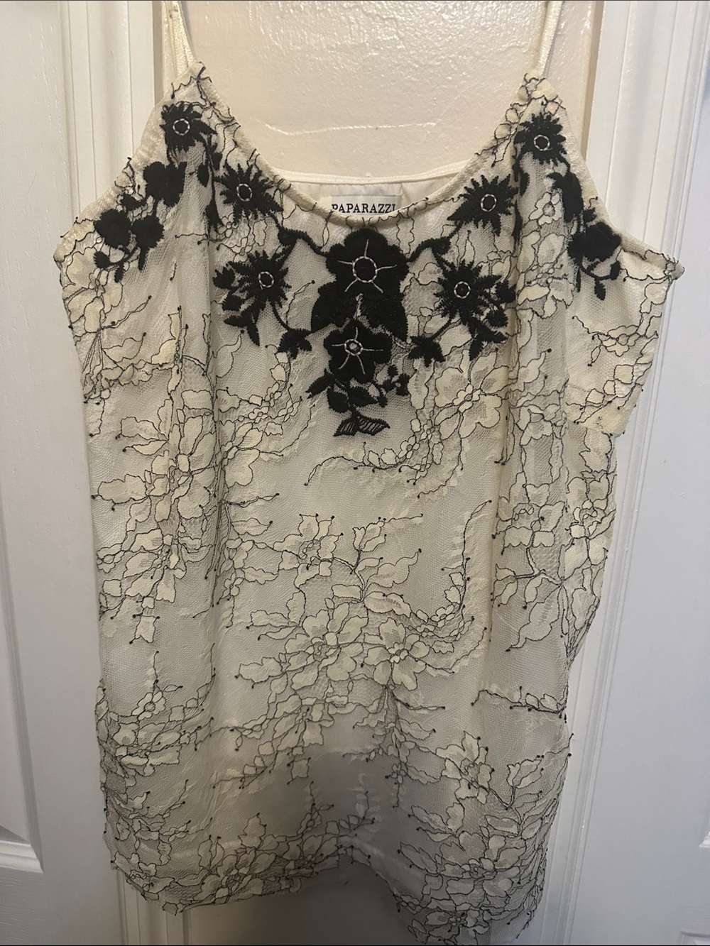 Paparazzi Cream Camisole with Black Floral Lace